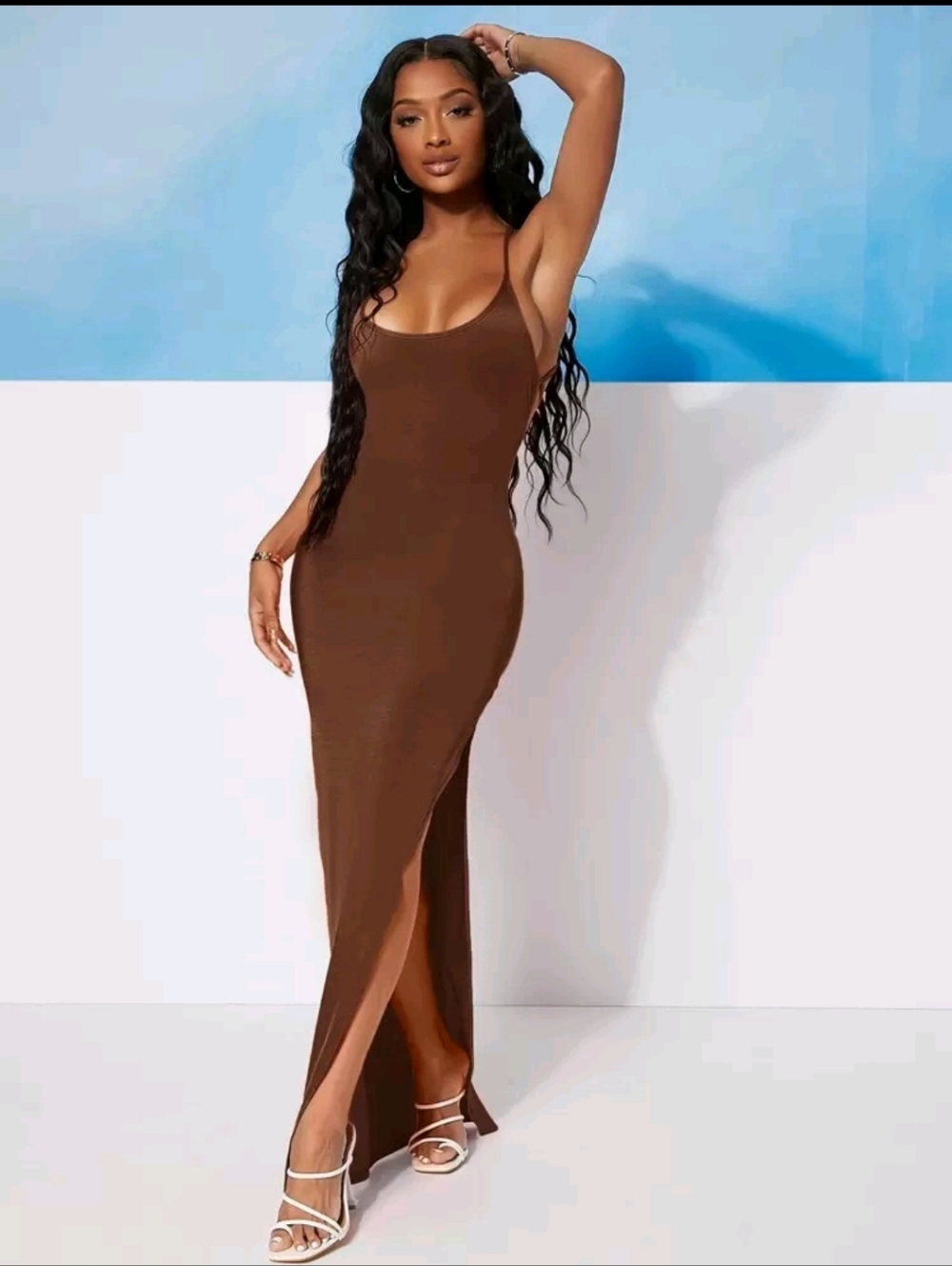 SHEIN Brown Scoop Neck Maxi Dress with Front Slit